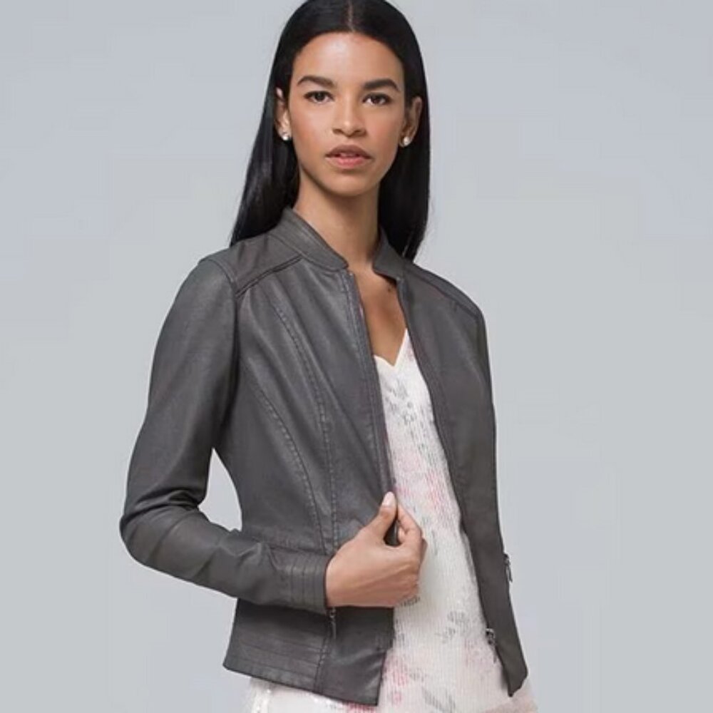 Coated Denim Jacket faux leather grey moto White house black market
